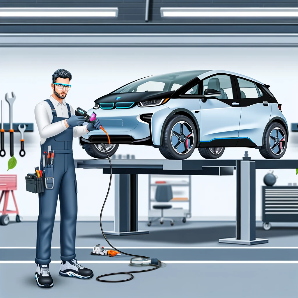 modern electric vehicle EV being inspected by a professional mechanic in a well-equipped, clean workshop.